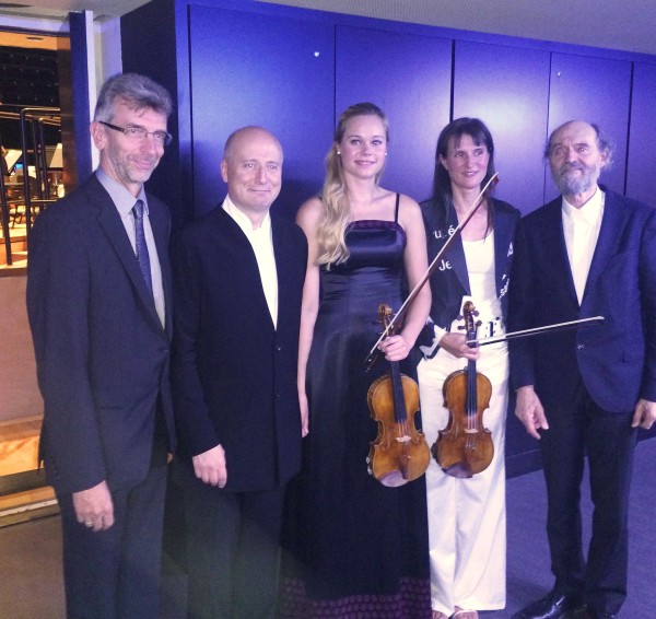 Arvo Pärt,from  right, Victoria Mullova, Mari Poll,  Paavo Järvi and Erkki-Sven Tuuri, who got his creation "Sow the WInd" performed for the first time, In the frame of this special celebration event. Foto Henning Høholt