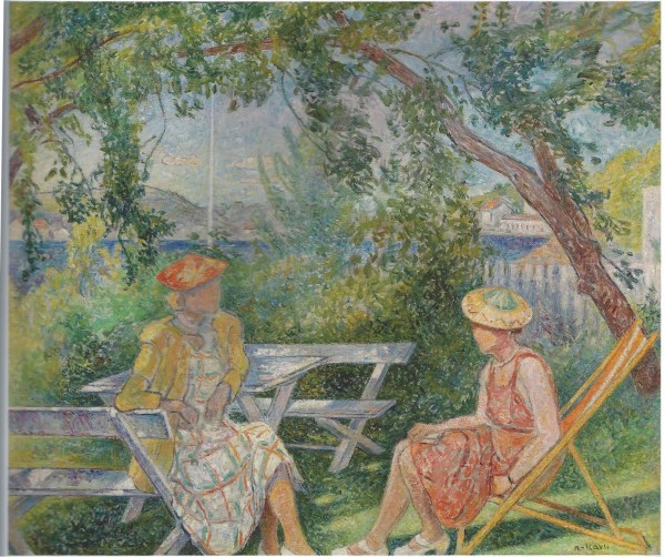 SOL OG SOMMER: Et typisk maleri av Arne Kavli, med to damer i hyggelig samtale i haven. (FOTO: BLOMQVIST)