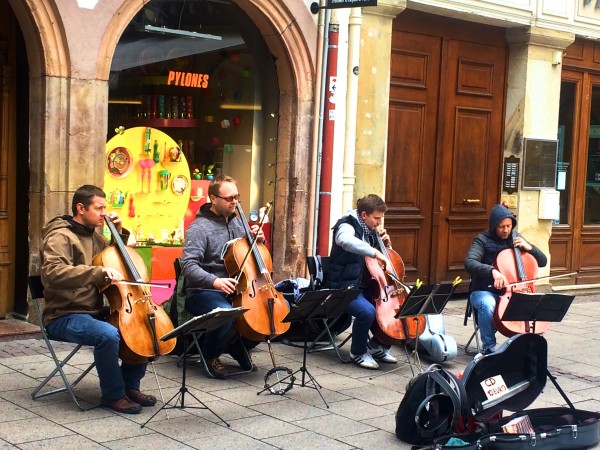 Classical music, opera and ballet is an important part of the cultural picture in this city. Here an informal Cello quartet in Strasbourg. two minutes from the Cathedral entrance. 