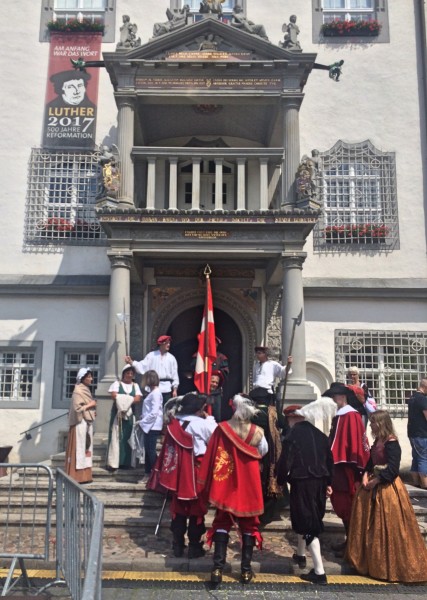 Danish delegation from Haderslev entering City Hall Lutherstadt Wittenberg during the Market.